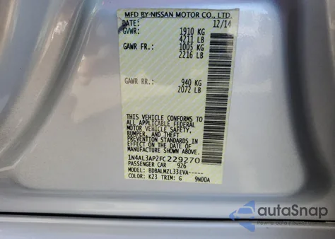 2015 Nissan Altima 2.5 from USA, damaged, VIN 1N4AL3AP2FC229270